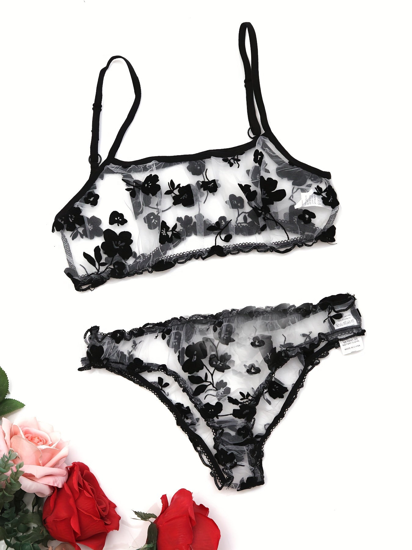 Sexy mesh flower lingerie set with transparent details - adult size, 2 pieces