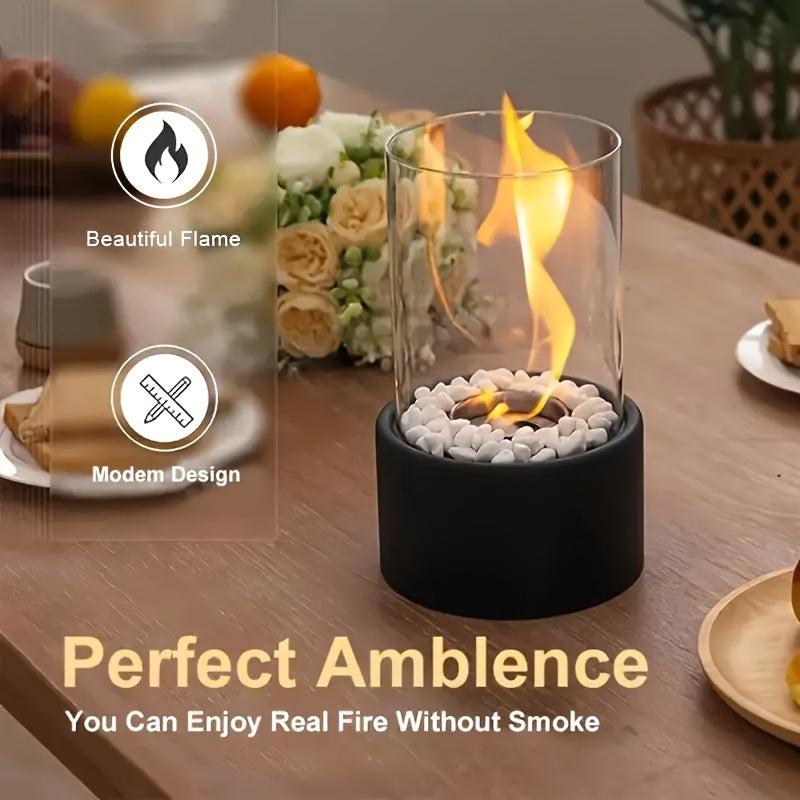 Enjoy the cozy ambience of a 1pc Portable Tabletop Fireplace. This smoke-free alcohol fire pit features sleek glass and metal design, complete with a stainless steel chimney, combustion chamber, and all necessary accessories. Perfect for both indoor and