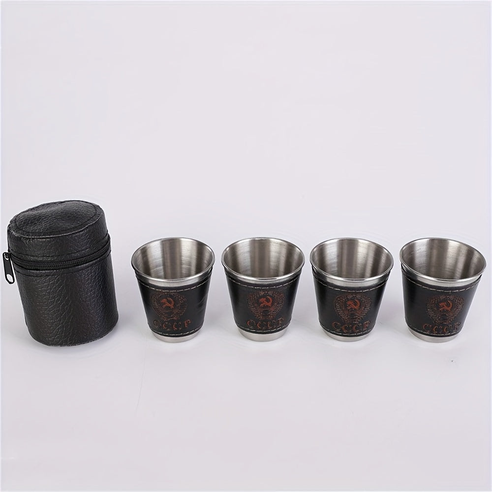 Set of 4 70ml stainless steel camping cups with faux leather carry bag CoSenNo_GRANTEDville_FL