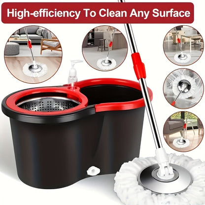 360° Rotating Mop and Bucket Set with 2 Microfiber Mop Heads, Stainless Steel Handle, Suitable for Wet and Dry Cleaning, Perfect for Home and Office Use in Living Room, Bedroom, Bathroom, Toilet, and Kitchen.