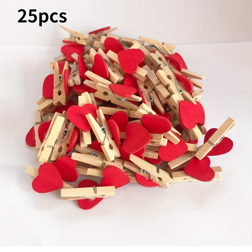 25 red heart wooden clothespin clips for photos, paper, or postcards, ideal for home decor or wedding stationery.