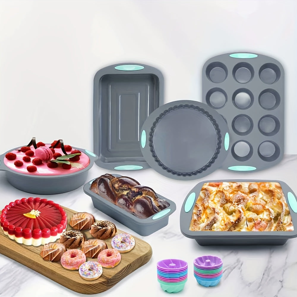 Silicone baking set includes 45 pieces, including various molds, pans, cups, and tools for the kitchen.