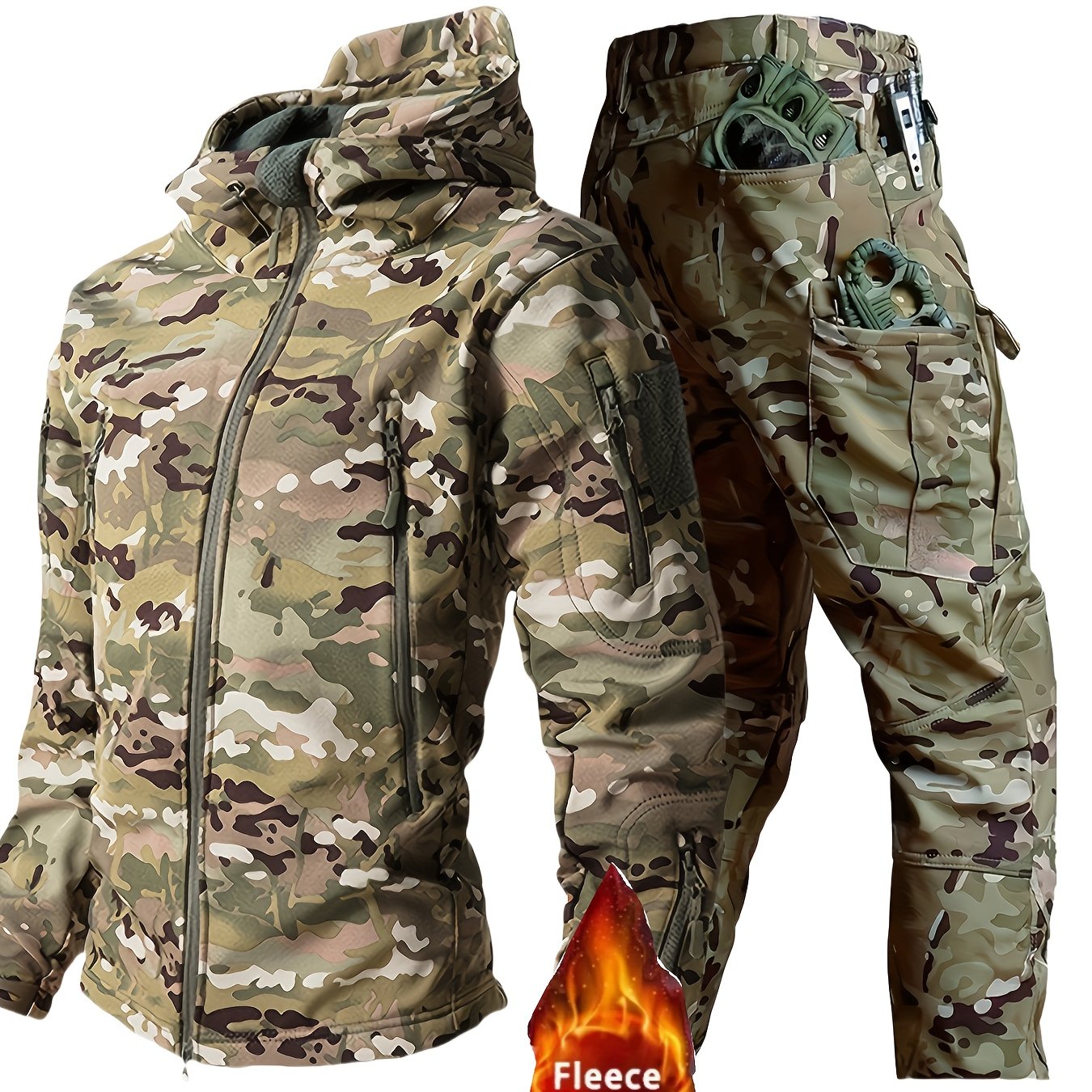 Two-piece men's casual sports suit includes a waterproof and breathable cargo set for outdoor sports, complete with a fleece multi-pocket hooded quick-drying jacket.