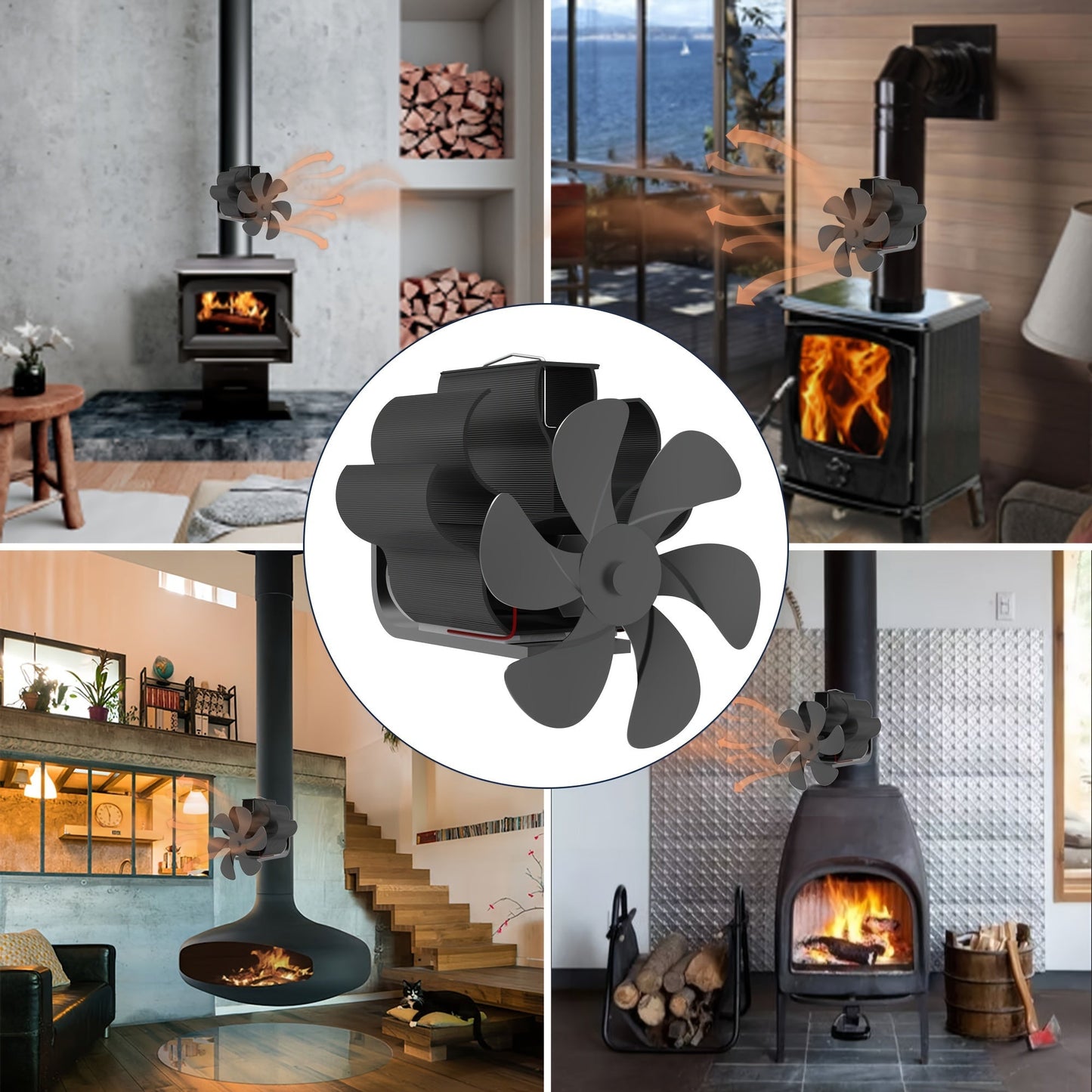 Aluminum Wood Stove Fan with 6 Blades, Portable for Chimney and Pipe, Efficiently Circulates Heat, Quiet Operation, Ideal for Wood, Log Burners, and Fireplaces, Electric Fan Design for Air Circulation, No Electricity Needed, Comes with Various Components