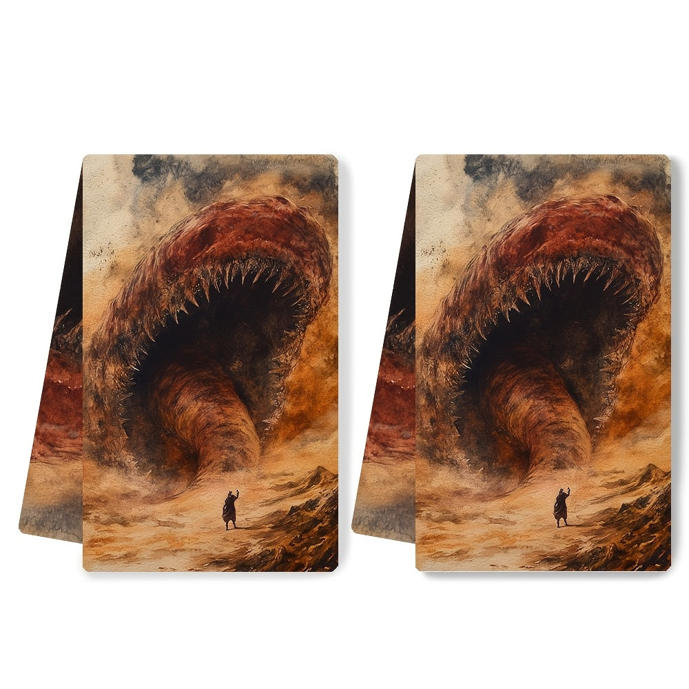 Set of 2 Ultra Soft Kitchen Towels featuring Shai Hulud The Sandworm Design. These highly absorbent and machine washable dish hand towels measure 40.64x60.96 cm. Perfect for holiday decor and everyday use.