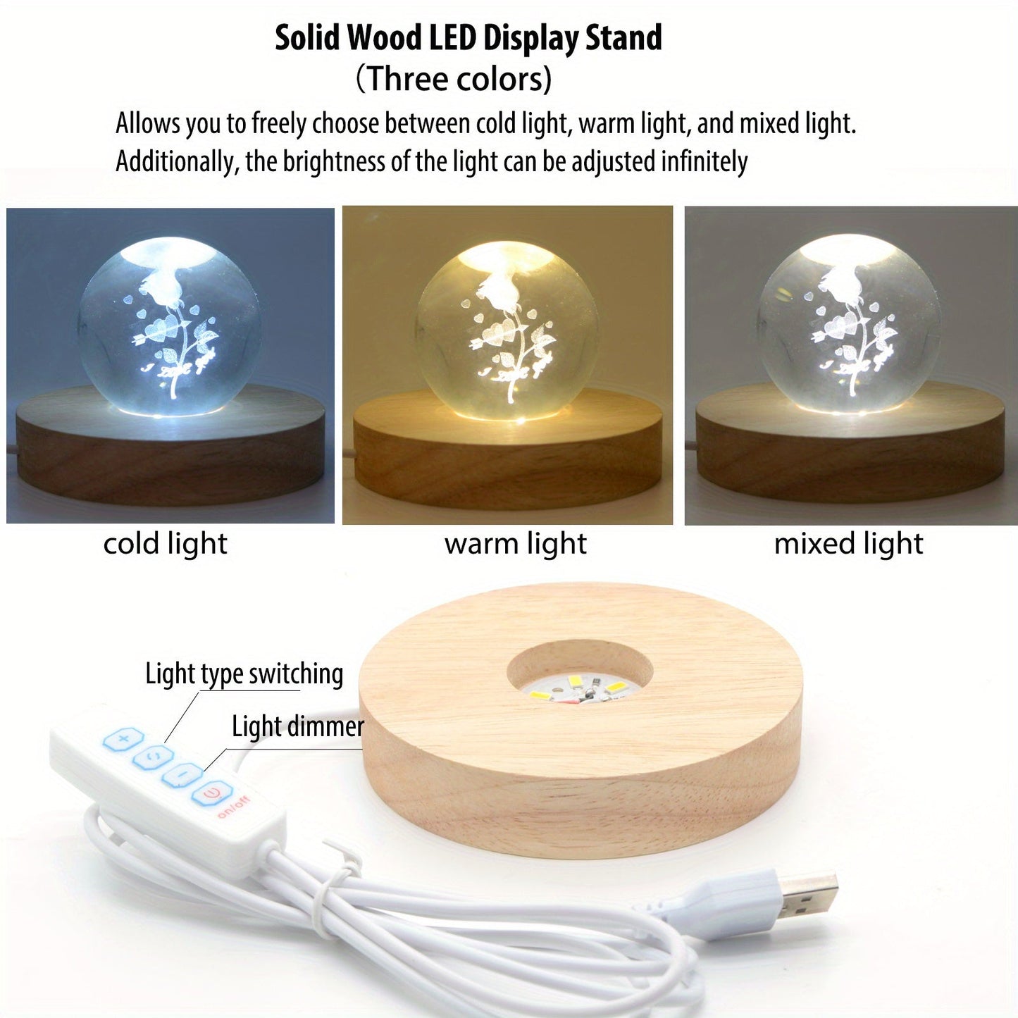 Wooden LED Light Display Base for 3D Crystal Glass Resin Art and Pictures in Multiple Colors, Perfect for Holiday Gifts