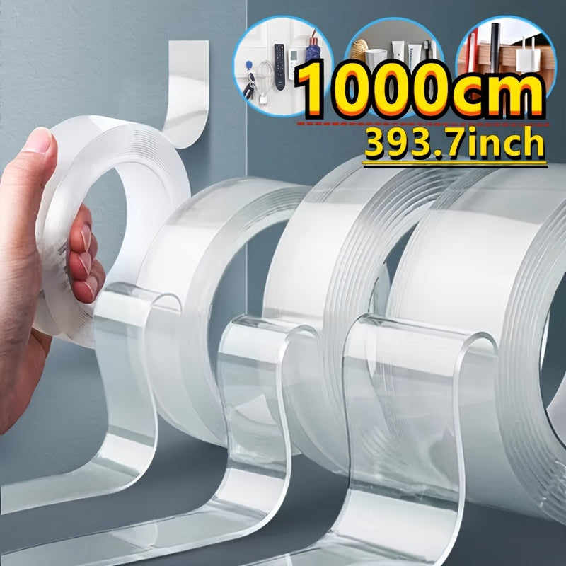 10m/32.7ft Nano Dual-Sided Tape:Strong, Transparent Adhesive for Home & Office, Washable & Residue-Free on Various Surfaces, 1cm/39.37in Wide.