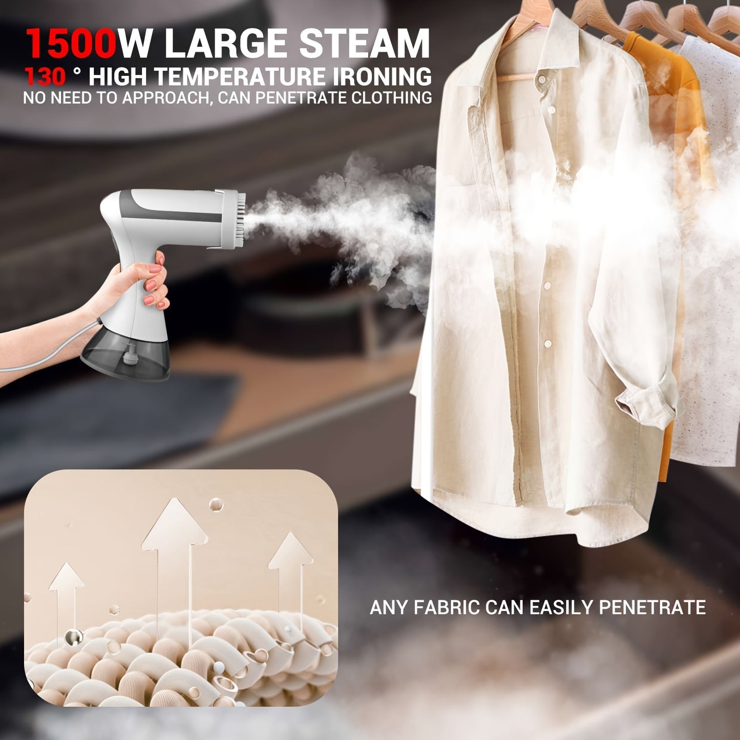 Compact handheld steam garment steamer for home and travel use with 1500W power, EU plug.