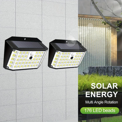 "Solar motion sensor light with 176 LEDs for outdoor use. Has 3 lighting modes for yard, path, and garage.