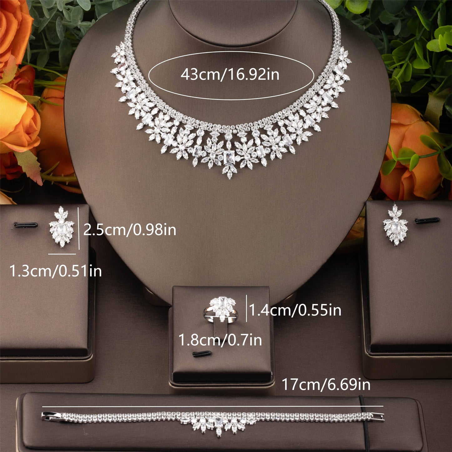 Elegant Arabesque Cubic Zirconia Leaf-shaped Floral Jewelry Set Perfect for Women to Wear at Weddings, Banquets, and Parties.