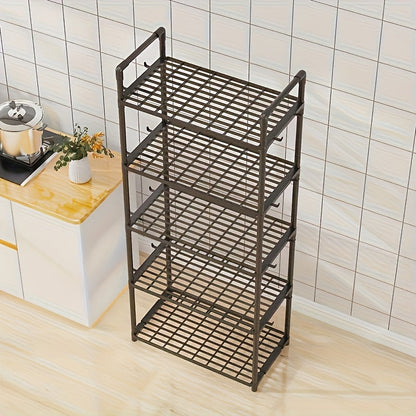 Multi-tier storage organizer rack with 1 piece construction - features 4 or 5 layers of plastic bracket shelves with a matte finish. Perfect for floor mounting in various spaces such as the kitchen, bathroom, or bedroom. Simple assembly, durable