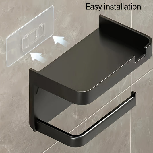 Wall-mounted toilet paper holder with shelf and phone holder, made of plastic, self-adhesive, no drilling required.