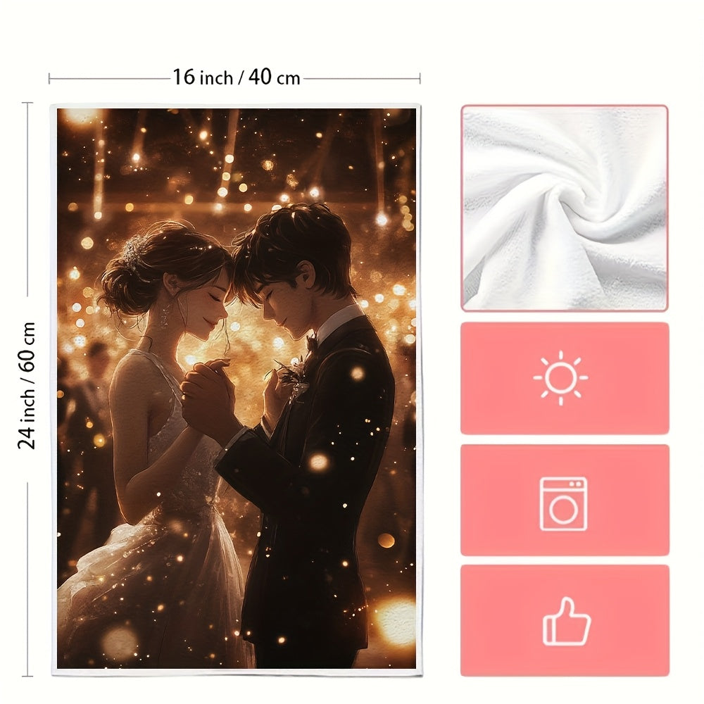 Get a pair of luxurious kitchen towels showcasing a charming anime couple dancing in a dazzling ballroom surrounded by twinkling lights and music. These super absorbent dish towels are ideal for adding a festive touch to your home decor during the