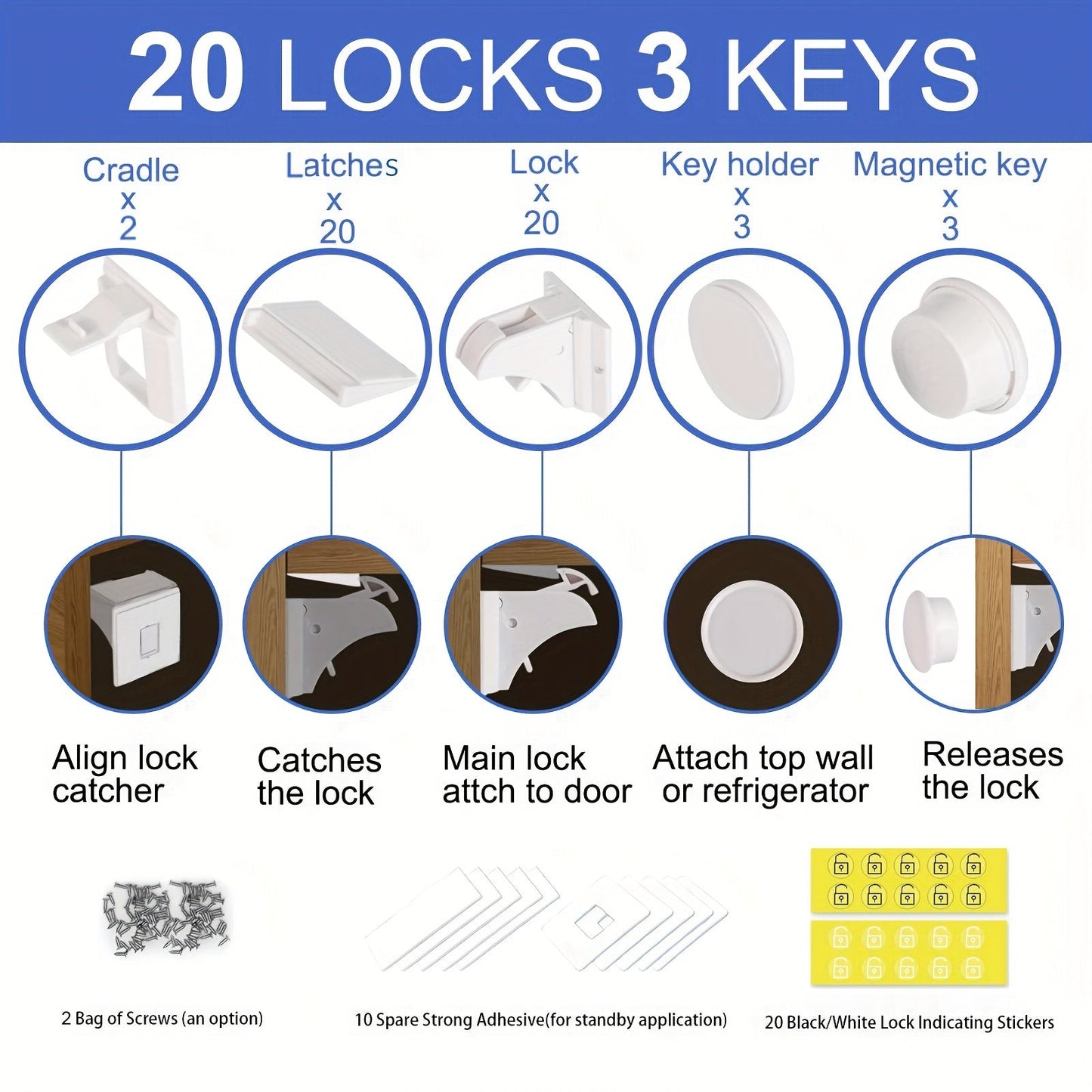 Magnetic Baby Proofing Cabinet Locks - Easy Installation with No Drilling or Tools Required - Set Includes 4, 10, or 20 Locks and 1, 2, or 3 Keys