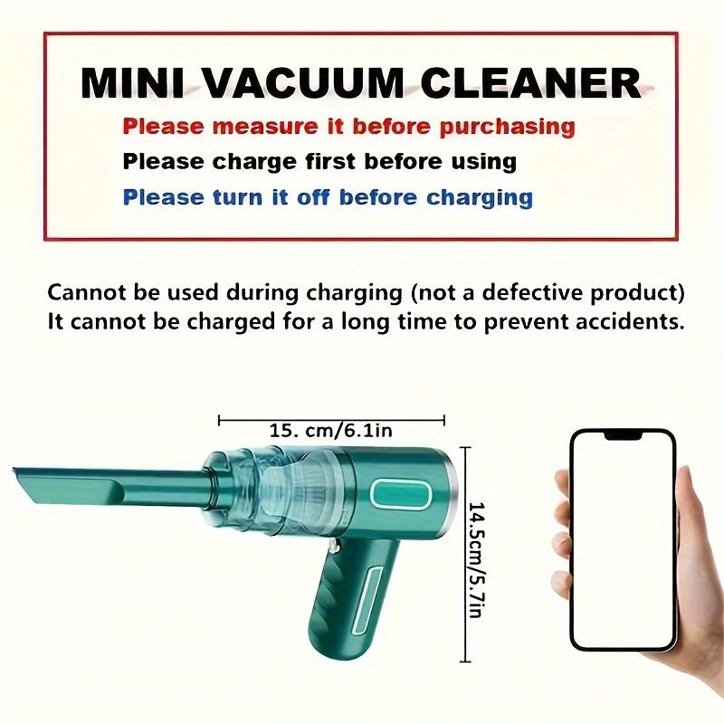 Cordless hand vacuum with strong suction and quick recharge, ideal for cars, offices, and homes. Durable battery for easy cleaning, includes small towel and car kit.