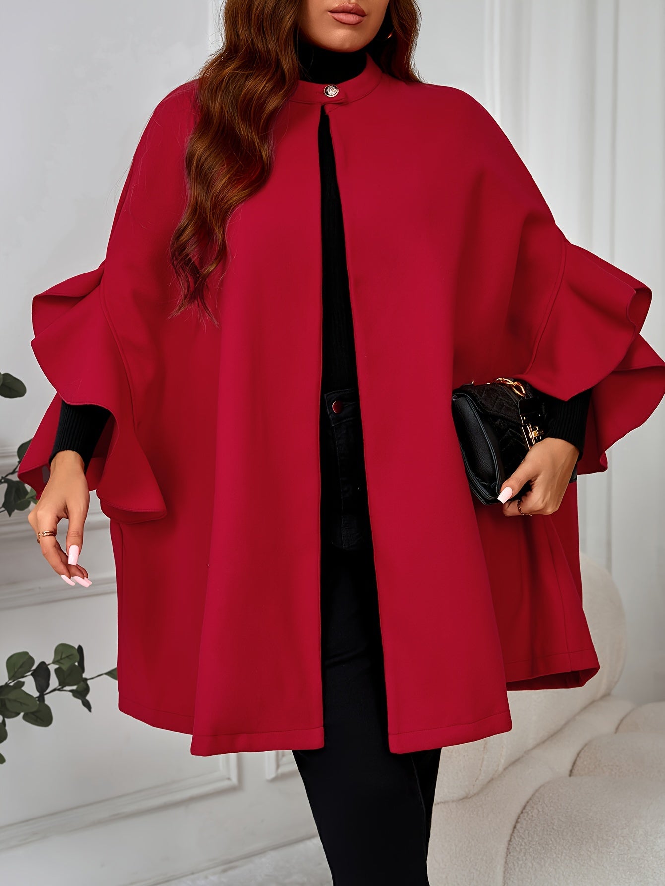 Elegant plus size red cape coat with ruffle sleeves, Crew neck outerwear made of polyester blend with slight stretch. Solid color woven cape suitable for all seasons.