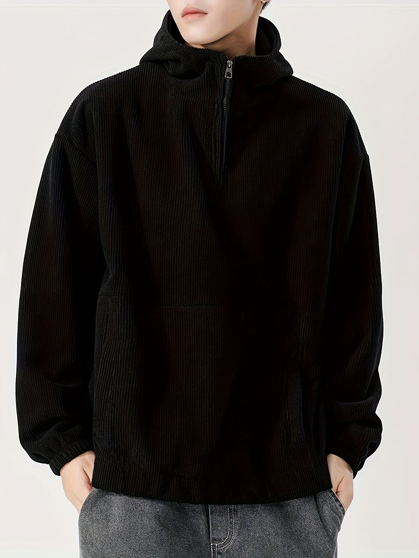 Men's cozy knit zip-up hoodie with dropped shoulder sleeves for casual wear.