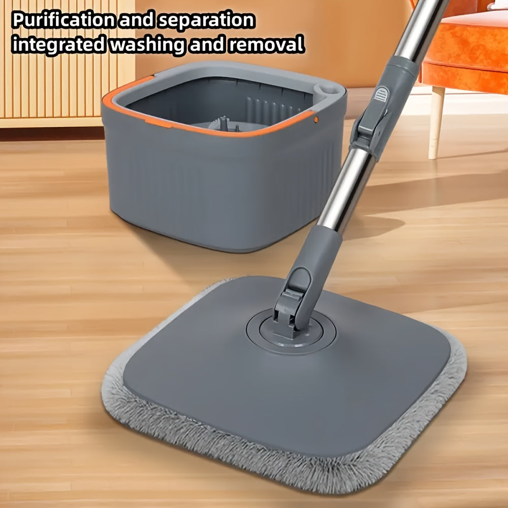 The RICHBEAR Easy Wring Flat Mop and Bucket Set offers a Self-Cleaning System and is made of Plastic. It is perfect for various rooms in the house including the Living Room, Bedroom, Bathroom, Toilet, and Kitchen. This versatile kit can be used for both