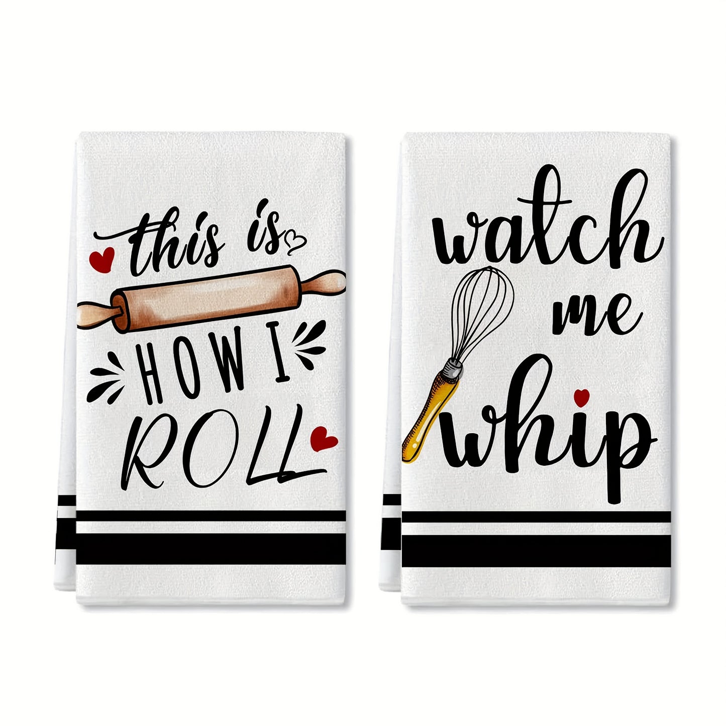 2 funny kitchen towels with sayings, egg beater and rolling pin design. Absorbent for drying dishes and ideal for cooking and baking.