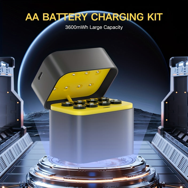 8-pack of rechargeable AA batteries with smart charging and storage case, made of lithium polymer and delivering constant voltage, with a capacity of 3600mWh.