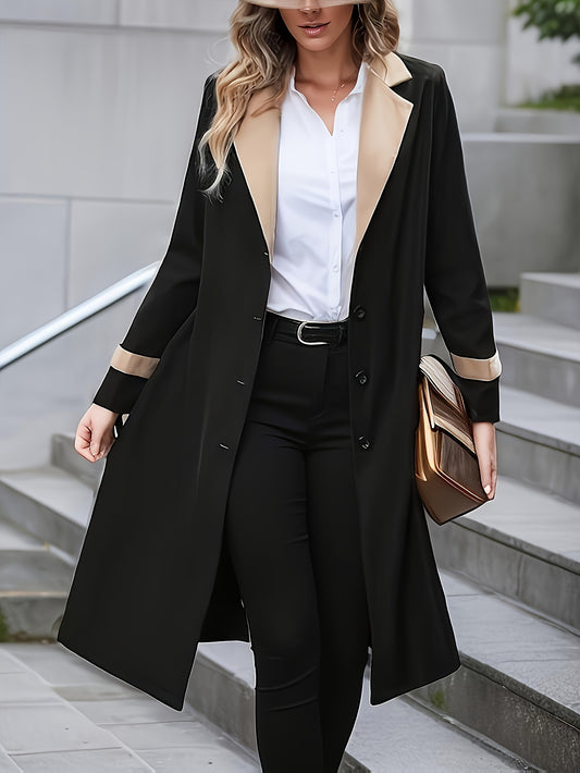 Women's mid-length trench coat with belted lapel neck and long sleeves.