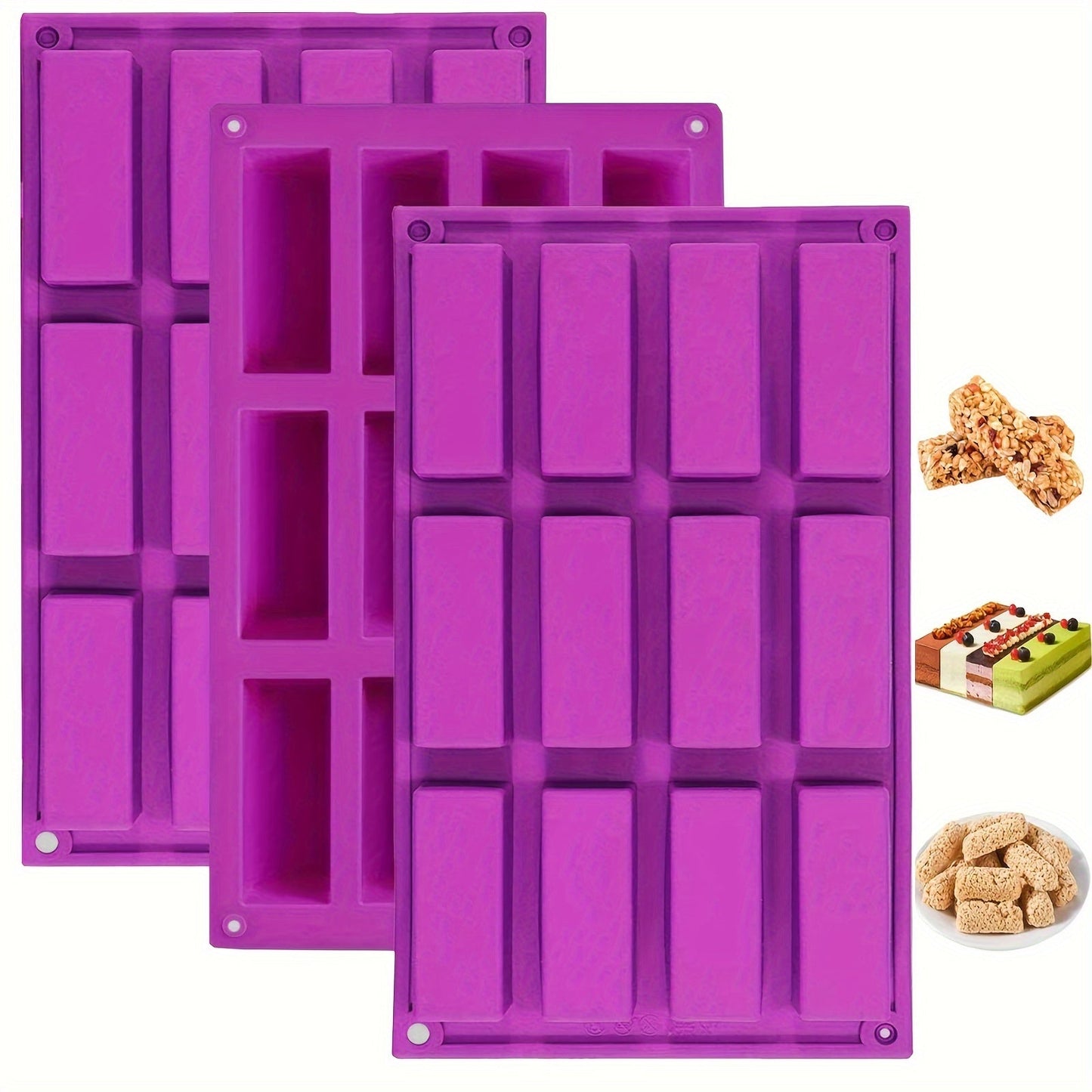 Three sets of 12-cavity large rectangle molds made of silicone for creating nutrition cereal bars, energy bars, and other treats like chocolate truffles, ganache, bread, brownies, cornbread, cheesecake, pudding, and butter. Perfect for baking supplies