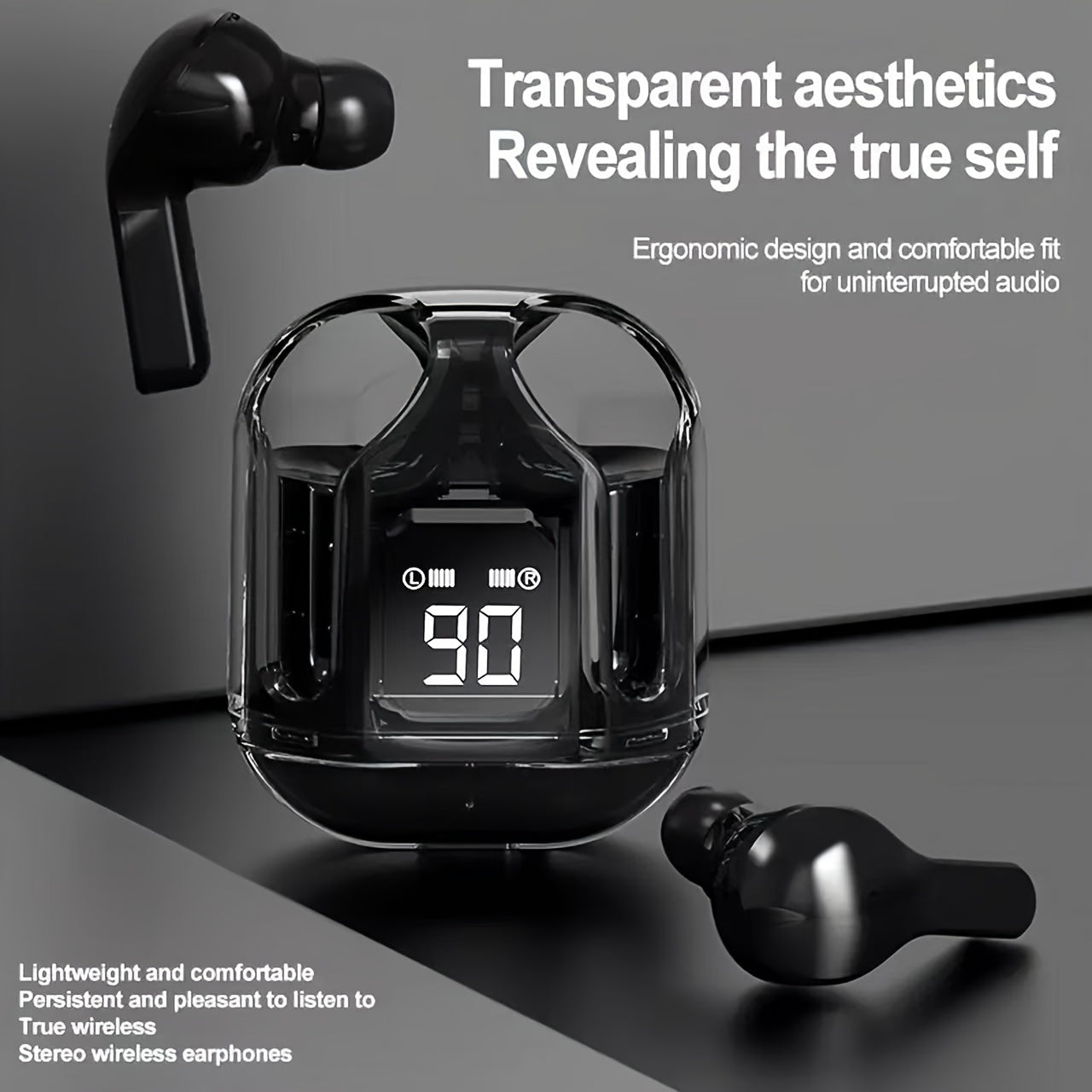 Transparent wireless TWS headphones for sports and fitness, ideal for running and exercise.