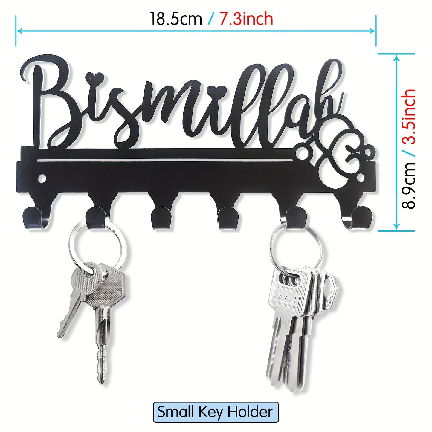 1-pc Bismillah Metal Key Holder: Black decorative wall-mounted key organizer for entryway and kitchen. Wall decor with key hooks, ideal for home and kitchen storage. Wall-mounted version