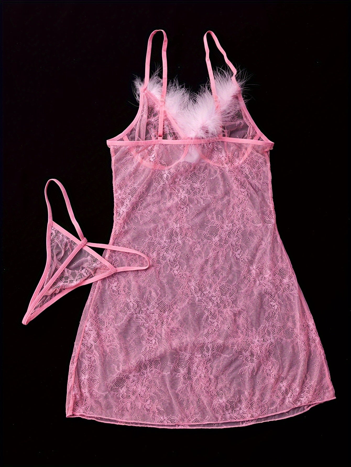 2-piece pink lace lingerie set with knit fabric, 95% polyester and 5% elastane. Adult sleepwear in solid color, 100 gsm.