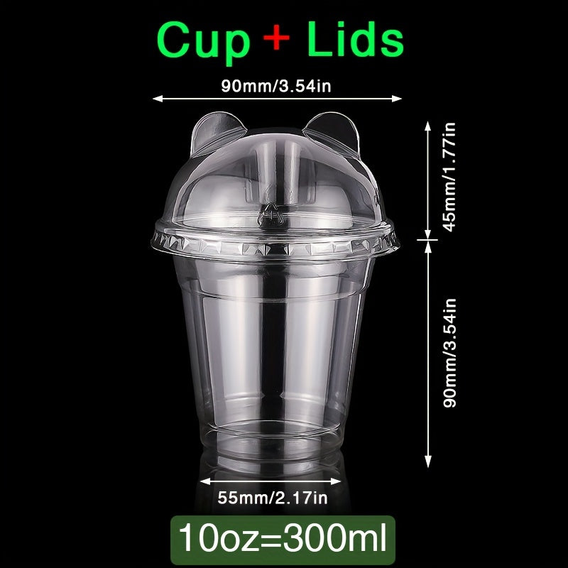 50 pieces of transparent plastic cups with lids, each holding 9oz to 10oz. Perfect for festivals, parties, serving cold drinks, desserts, and coffee. Essential party supplies for any occasion. Add these drinkware accessories to your collection!