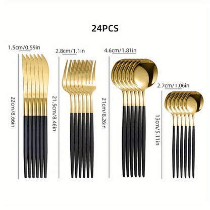 Sleek stainless steel flatware set with a black and golden finish, including knives, forks, and spoons for home, kitchen, or restaurant use. Durable and stylish tableware with varnished craftsmanship, perfect for special occasions like Christmas