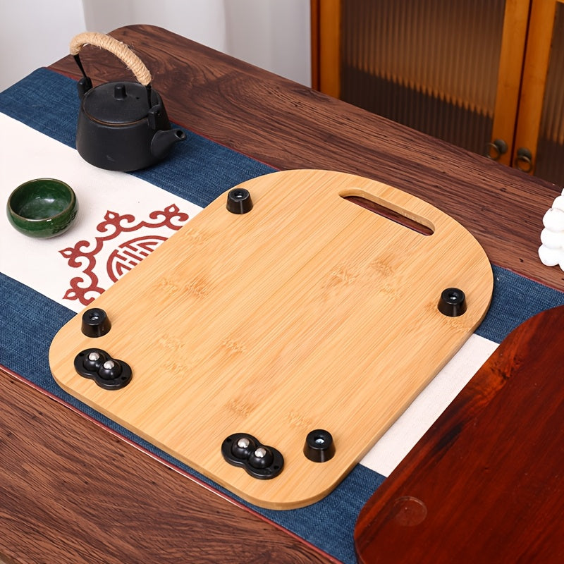 Sliding mat for kitchen made of durable bamboo with non-slip rubber feet, ideal for coffee maker, mixer, and small appliances, perfect for camping, cooking, and dining purposes.