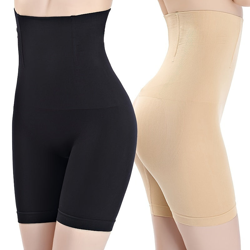 Seamless and comfortable high-waist shapewear shorts for women in black or beige. Features tummy control, butt lifting, ribbed texture, and postpartum support. Ideal for fitness or everyday