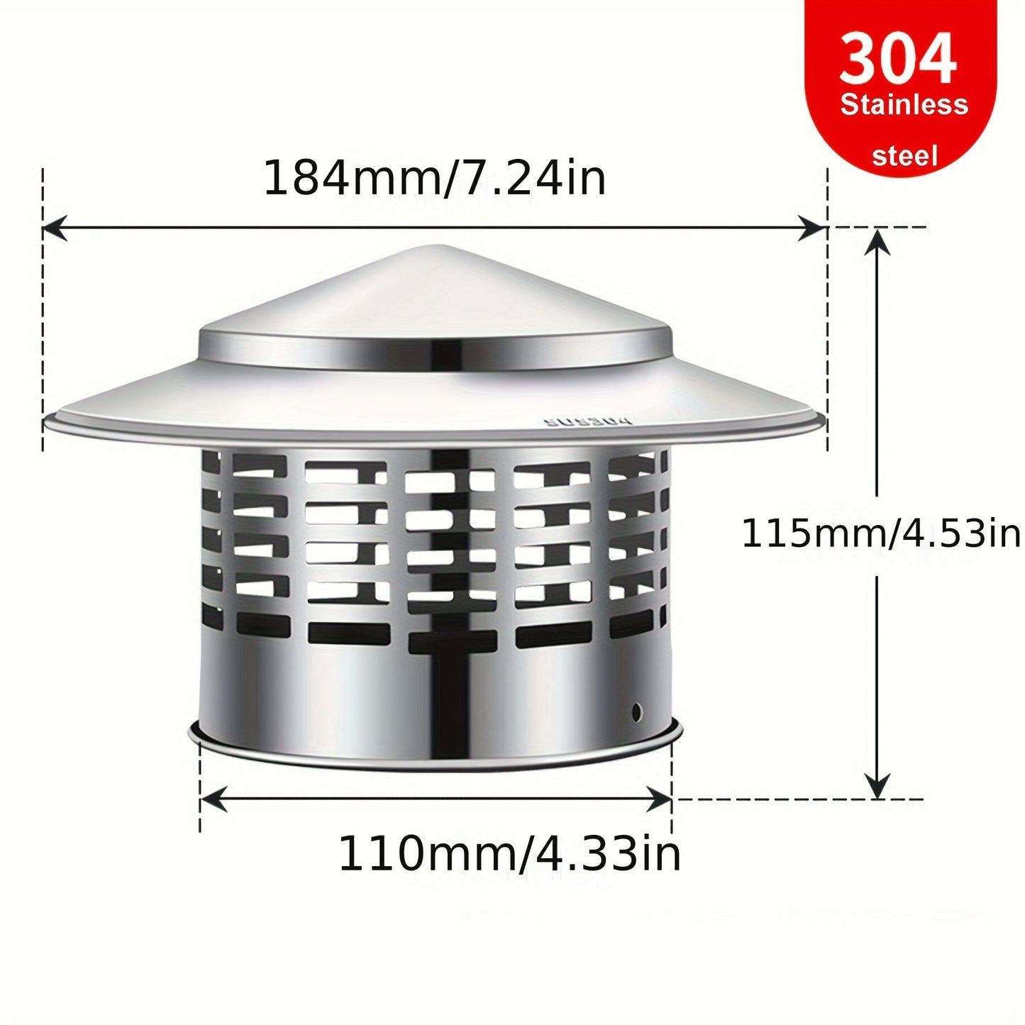 Stainless Steel Windproof Roof Chimney Cap - 110mm, 1pc - Includes Bird Guard and Mesh Protector - Metal Rain Snow Hat - Flue Cowl for Exhaust Pipe Vent