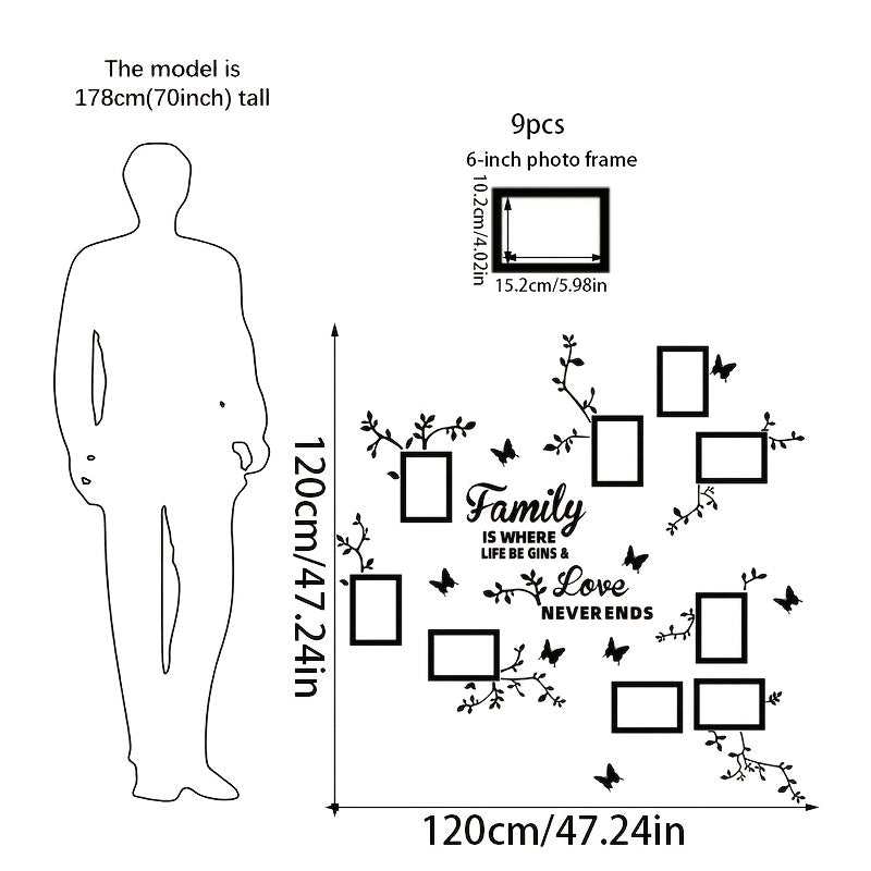 A puzzle sticker set with flower branches, butterflies, and 9 photo frames for DIY wall decoration in various spaces.