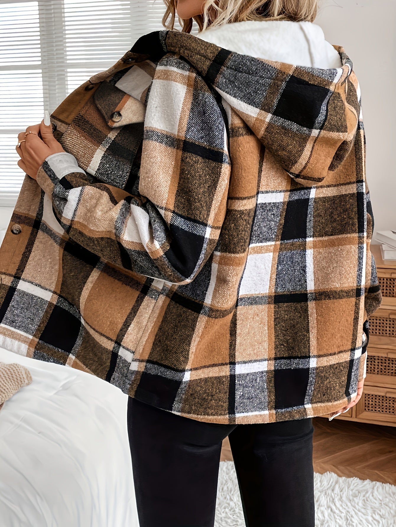 Women's casual plaid jacket with fleece lining, 100% polyester woven shirt, button detail, and all-season warmth.