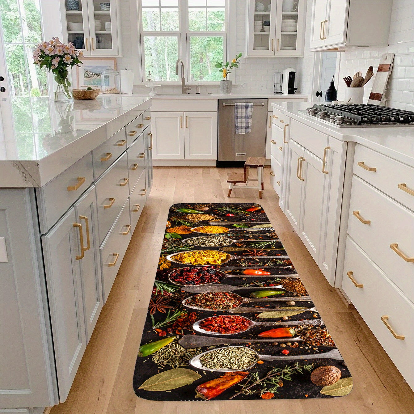 1 piece of Spices and Cutlery Patterned Mat for the Kitchen - Non-slip Kitchen Floor Rug, Home Decor and Room Decoration