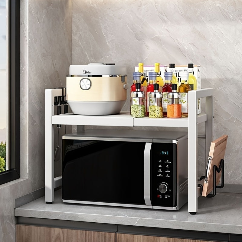 Modern Korean-style kitchen storage rack features open shelving and is multi-functional, perfect for organizing dishes and seasonings. Made of plastic, this microwave oven stand requires no assembly and saves space.