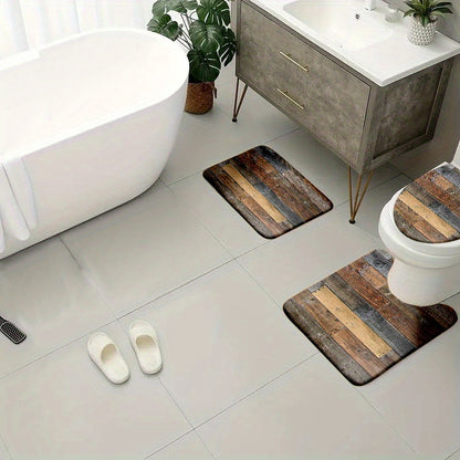 Set of 4 velvet sponge bath mats featuring non-slip designs in leaves, flowers, sea waves, and wooden board patterns. Includes an extended thickened toilet rug, durable non-slip bathroom rug, comfortable U-shaped toilet mat, and toilet cover mat for