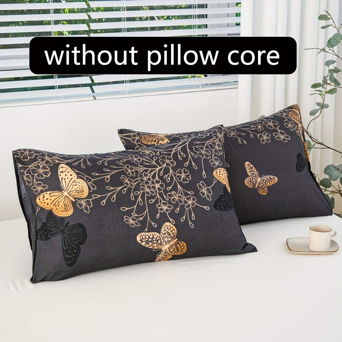 Set of 2 Golden Butterfly Print Polyester Pillowcases with Soft Comfort for Bed Decor. Available in Multiple Sizes, Machine Washable with Brushed Finish and Active Print Design. Made with Polyester Cover and 90g Fabric.