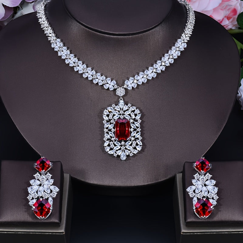 Royal French-Style Jewelry Set with Synthetic Zirconia, 3 Pieces: Copper Pendant Necklace and Dangle Earrings. Perfect for Weddings and Banquets, All-Season Elegant Accessory. Super Noble Red Design with Large Pendant, Ideal for Dinner Dresses.