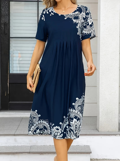 Women's Navy Blue Floral Print Short Sleeve Dress - Elegant Pleated Midi with Round Neckline, Non-Stretch Polyester Fabric, Ideal for Spring/Summer Fashion