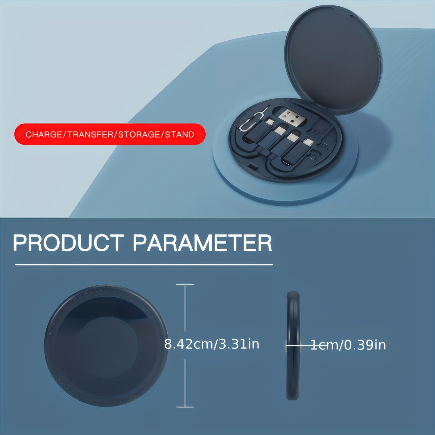 USB charging kit with multiple adapters for USB A, Type C, and Micro, data transfer capabilities, card storage, tray eject pin, and phone holder.