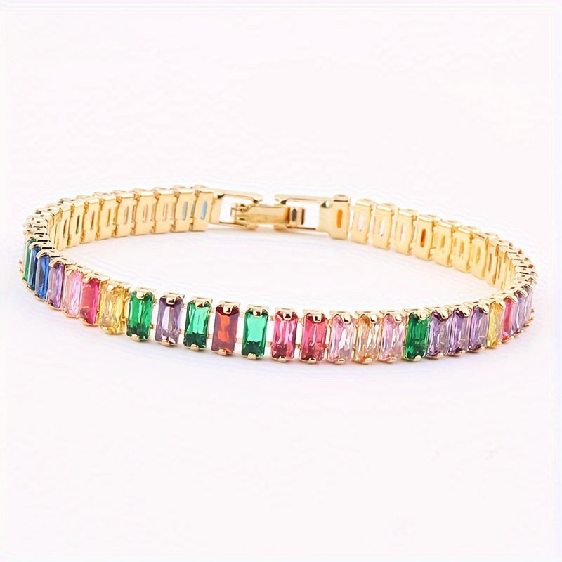 Elegant Women's Bracelet Decorated by Hand with Colorful Synthetic Zirconia, Copper and Golden Plating