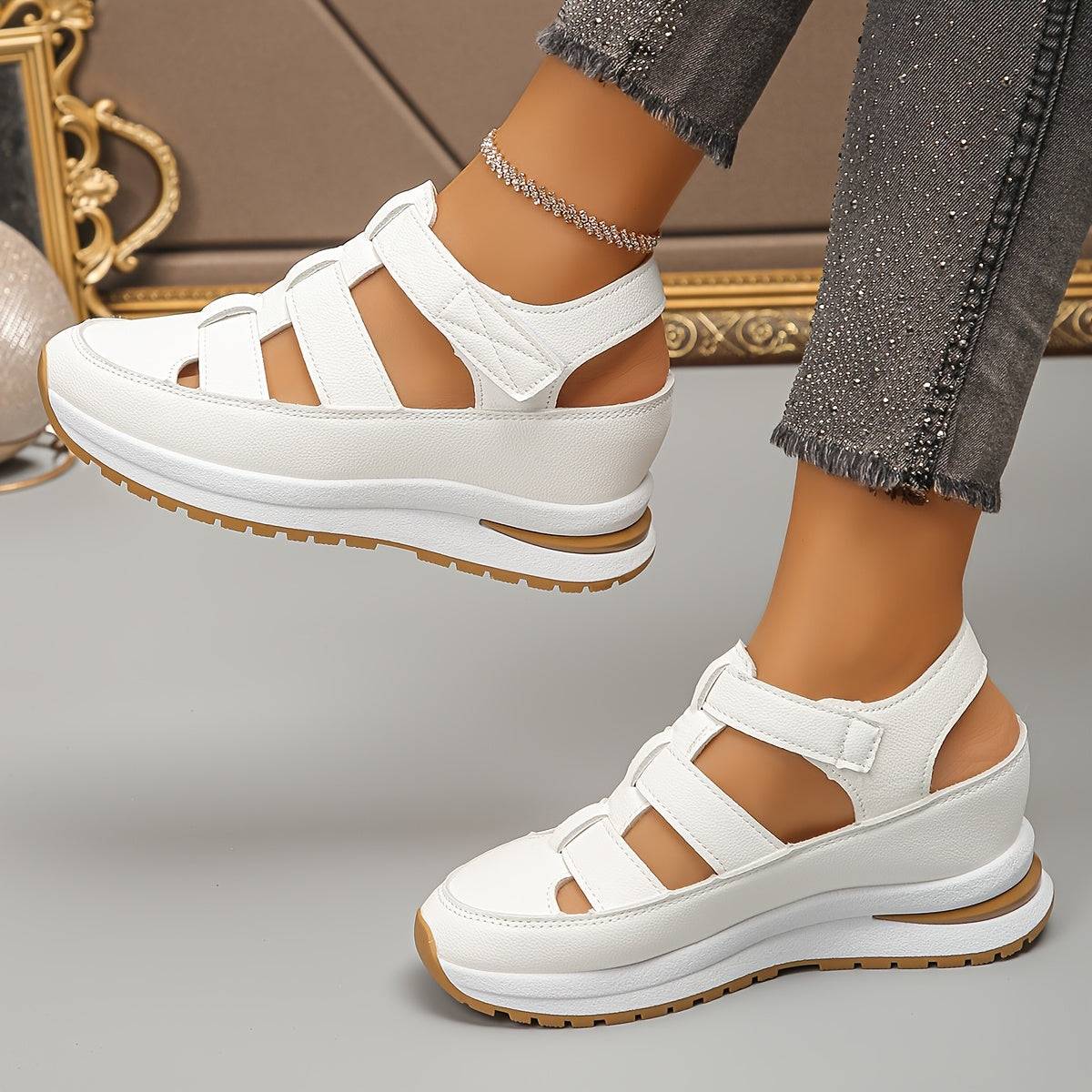 Women's fashion sandals with solid color, round toe, platform heel, hook-and-loop fastener, man-made upper and lining, rubber sole, EVA insole.