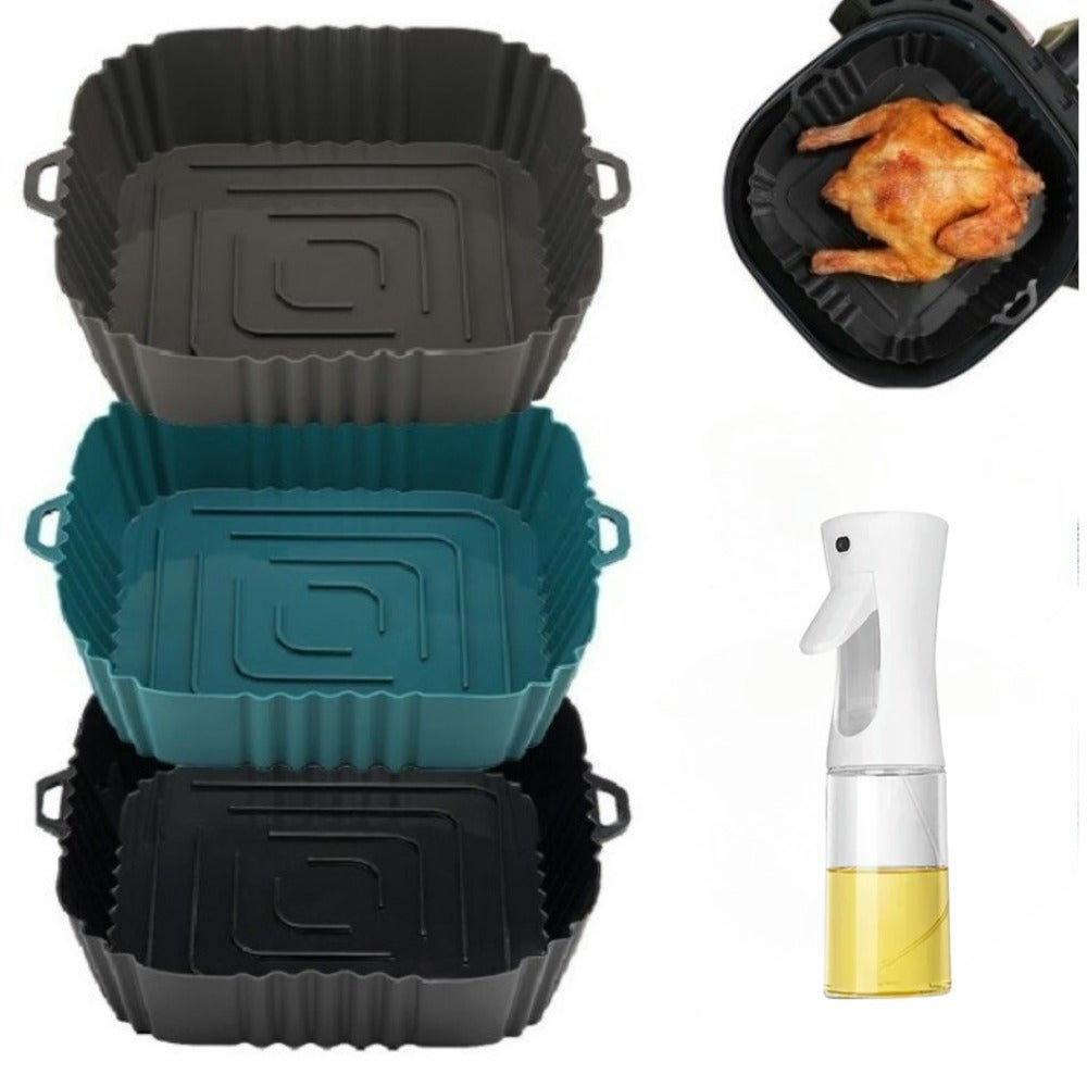 1. Set of 3 Air Fryer Silicone Baking Trays with Oil Spray Bottle
2. Air Fryer Tray for Household Use with Oil Spray Pot
3. Kitchen Cooking Oil Spray Pot and Can for Air Fryer