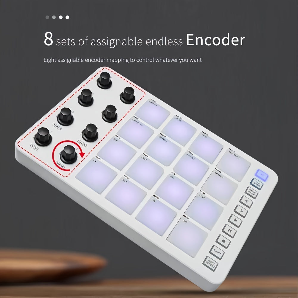 FF Bonfires Portable MIDI Controller: 16 Drum Pads, 8 Knobs, USB Powered, Rechargeable Battery