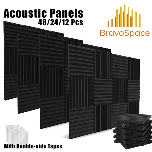 Acoustic foam panels in varying quantities and sizes, with double-sided adhesive for soundproofing, in black, for recording equipment accessories and noise reduction.