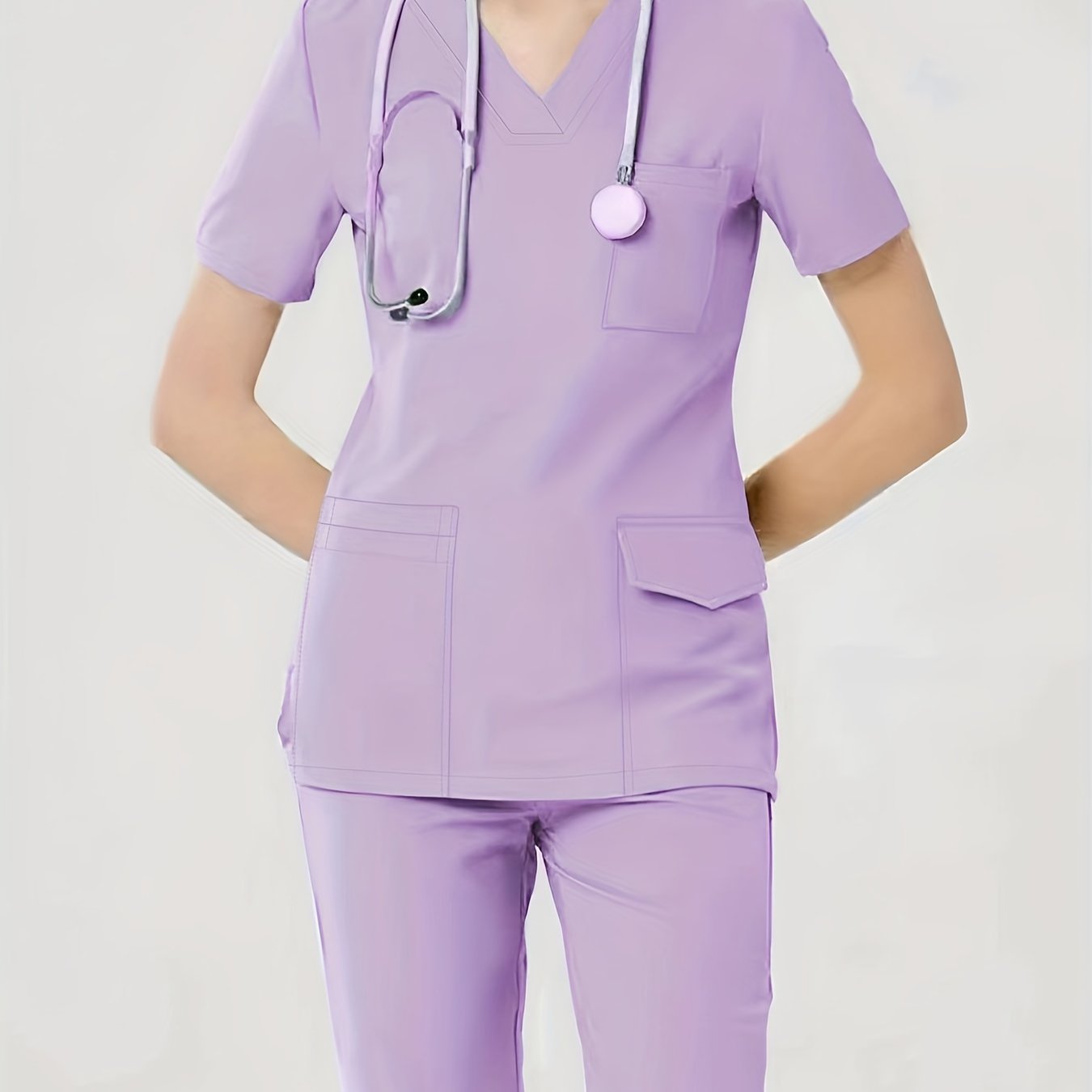 Women's Health Care Uniform Set: Cozy V-neck Top with Pockets and Solid Pants