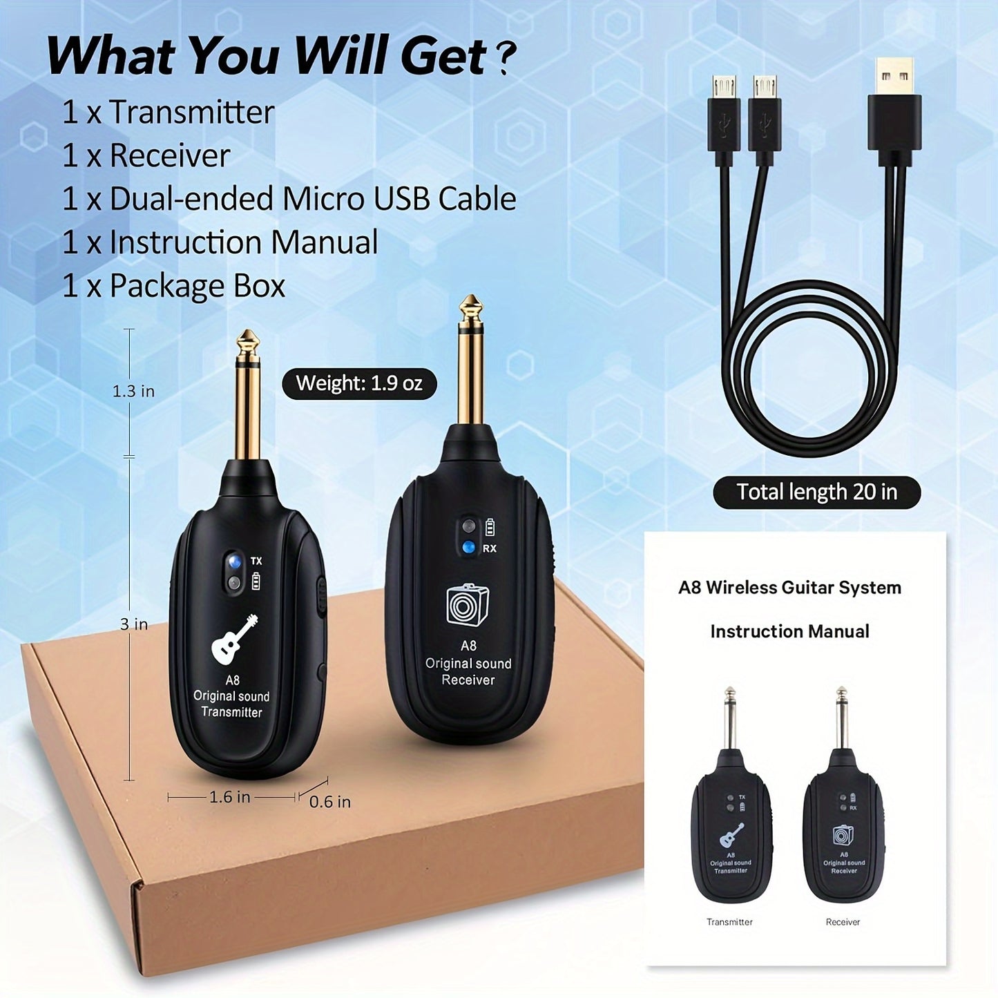 Wireless guitar pickup system with built-in rechargeable lithium battery for audio transmission in electric instruments.